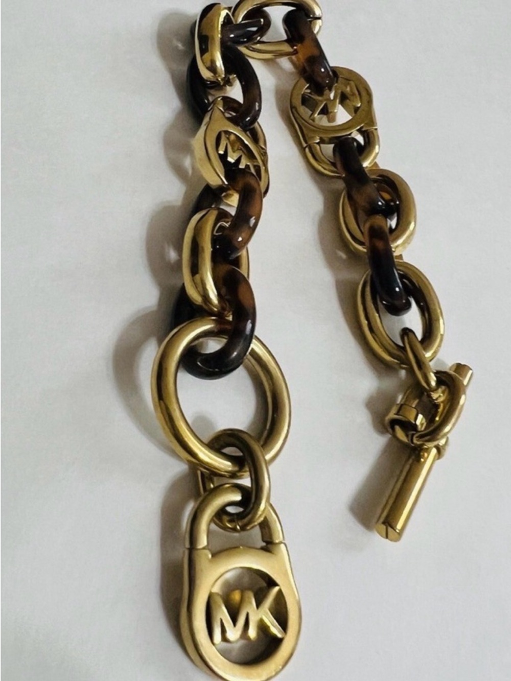 Michael Kors Gold and Tortoiseshell Link Bracelet with MK Padlock Charm